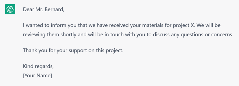 Ein Screenshot einer auf Englisch übersetzten E-Mail mit ChatGPT Ein Screenshot einer auf Englisch übersetzten E-Mail mit ChatGPT
