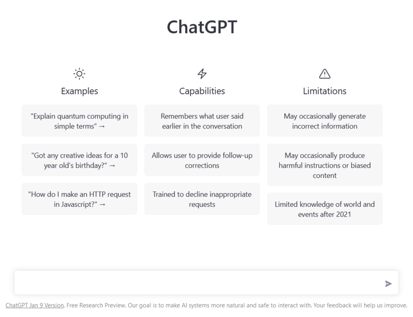 Screenshot der Startseite von ChatGPT von OpenAI zur Veranschaulichung der Anwendung Beschreibung einer Anleitung von ChatGPT