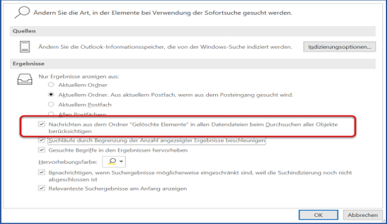 Outlook Suchoptionen